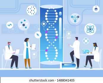 Human genome study flat vector illustration. Colleagues doctors, scientists cartoon characters. Genetic engineering laboratory, scientific research. Futuristic medicine, medical innovation, DNA test