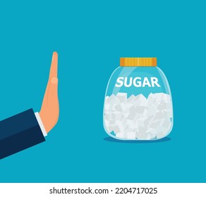 Human gesture hand refuses to sweet. Sugar free. No sugar, vector sign. Harmful product. Healthy lifestyle. Ban on sweets. Spoon with sugar Eps 10