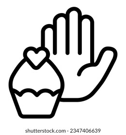 La mano de gesto humano se niega a icono de línea dulce, concepto de dieta, sin signo de azúcar en fondo blanco, icono de pastel y gesto de palma en contorno para diseño web móvil. Gráficos vectoriales.