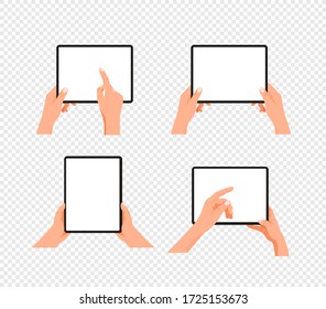 Human gesture using tablet computer. Layered vector clipart isolated on transparent background
