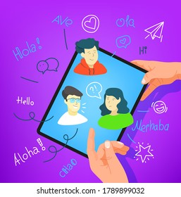 Human gesture using tablet computer. Say hello in different languages
