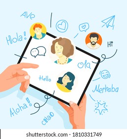 Human gesture using tablet computer. Say hello in different languages
