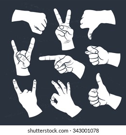 Human gestures icons. People hand signs. Man hands white on black background. Ok, thumb up, thumb down, fig, victory, pointing finger, sign of the horns.