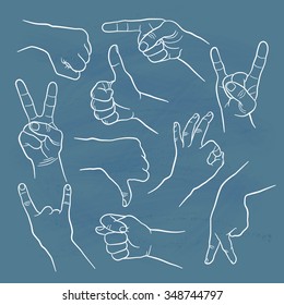 Human gestures icons. People hand signs. Man hands outline isolated on white background. Ok, thumb up, thumb down, fig, victory, pointing finger, sign of the horns.