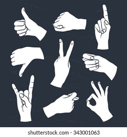 Human gestures icons. Woman hand white on black background. People hand signs. Ok, thumb up, thumb down, fig, victory, pointing finger, sign of the horns.