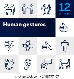 Human gestures line icon set. Set of line icons on white background. Ear, talking, dialogue. Communication concept. Vector illustration can be used for topics like human, connection, gesture system