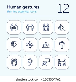 Human gestures line icon set. Set of line icons on white background. Ear, talking, dialogue. Communication concept. Vector illustration can be used for topics like human, connection, gesture system