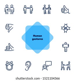 Human gestures line icon set. Set of line icons on white background. Ear, talking, dialogue. Communication concept. Vector illustration can be used for topics like human, connection, gesture system