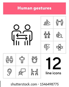 Human gestures line icon set. Set of line icons on white background. Ear, talking, dialogue. Communication concept. Vector illustration can be used for topics like human, connection, gesture system