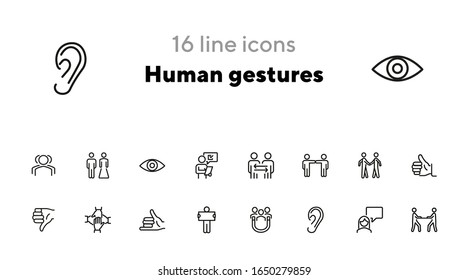 Conjunto de iconos de línea de gestos humanos. Conjunto de iconos de línea en fondo blanco. Oído, hablando, diálogo. Concepto de comunicación. La ilustración vectorial se puede utilizar para temas como humanos, conexión, sistema gestual