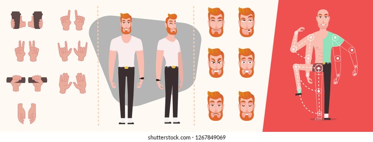 Human gestures. Man hand outline isolated on white background. Set of People hands, gestures and symbols isolated. Emotions set. Cartoon character animation set for motion design. Flat style - Vector 