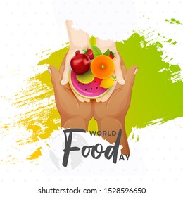 Human giving fruits another person on brush stroke background for World Food Day concept. Can be used as poster or template design.