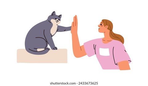 Human giving high five to cute cat. Smart feline animal greeting owner, clapping paw on hand, hi gesture. Pet communication concept. Flat graphic vector illustration isolated on white background