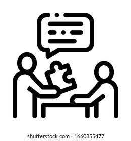 Human Giving Puzzle Piece Icon Thin Line Vector. Businessman Explains What Lacking In Work Of Employee Concept Linear Pictogram. Monochrome Outline Sign Isolated Contour Symbol Illustration