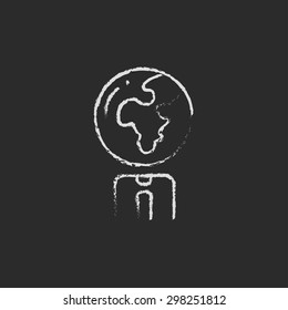 Human with globe head hand drawn in chalk on a blackboard vector white icon on a black background