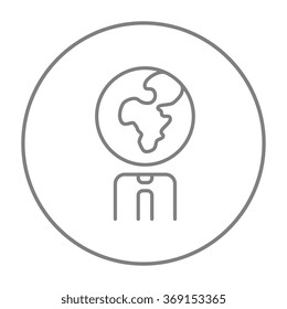 Human with globe head line icon.
