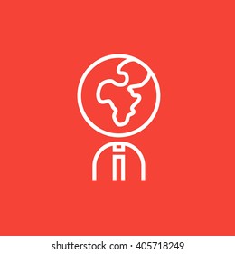 Human with globe head line icon.