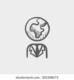 Human with globe head sketch icon for web and mobile. Hand drawn vector dark grey icon on light grey background.