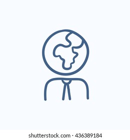 Human with globe head vector sketch icon isolated on background. Hand drawn Human with globe head icon. Human with globe head sketch icon for infographic, website or app.