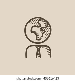 Human with globe head vector sketch icon isolated on background. Hand drawn Human with globe head icon. Human with globe head sketch icon for infographic, website or app.