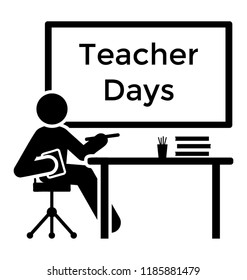 Human glyph sitting on a table with board in the backside baptized with teachers day text, teacher day icon 