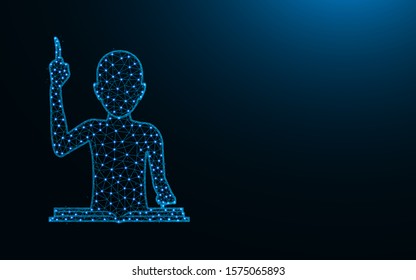 Human got excellent idea low poly icon, man reads a book abstract geometric image, education wireframe mesh polygonal vector illustration made from points and lines on dark blue background