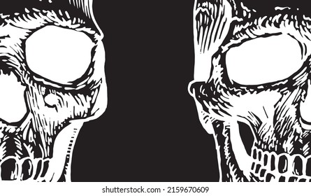 Calaveras gráficas humanas en negro, cubierta elegante para banner, impresión, diseño. Espacio para texto,paleontología