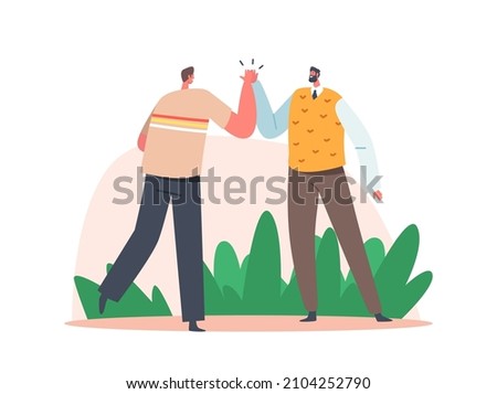 Human Greetings, Bonding Relations, Connection between Pals or Buddies. Couple Male Friends Characters Take High Five to Each Other as Symbol of Friendship and Solidarity. Cartoon Vector Illustration