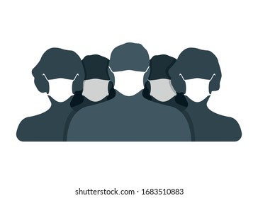 Human Group Front Side Silhouette With Medical Mask Icon, Isolated On White, Concept Vector Illustration. Label Epidemic Coronavirus, People Character. Virus Protection Thing, World Pandemic Logo, Banner.