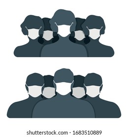 Human group front side silhouette with medical mask icon, isolated on white, concept vector illustration. Label epidemic coronavirus, people character. Virus protection thing, world pandemic logo, banner.