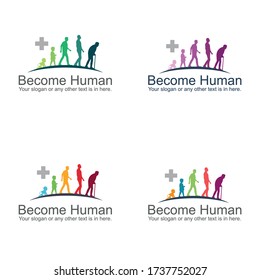 Human growth from infancy to old age colorful symbol icon medical cross logo vector suitable for hospital clinic community science business health care social