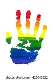 Human grunge rainbow gouache handprint with skin texture isolated on white background. LGBT watercolor sticker. The right palm. Vector illustration.