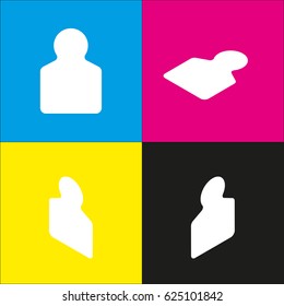 Human gun target icon. Vector. White icon with isometric projections on cyan, magenta, yellow and black backgrounds.