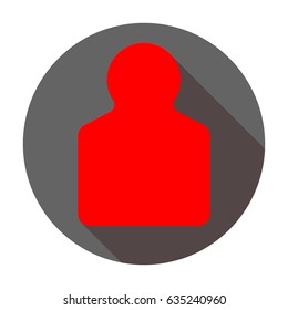 Human gun target icon. Vector. Red icon with reddish shadow on dark gray circle at white background. Isolated.