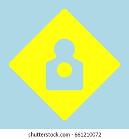 Human gun target icon. Vector. Yellow romb with hole as icon on lightblue background.