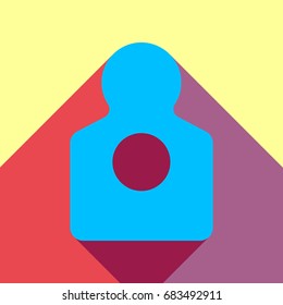Human gun target icon. Vector. Deep sky blue icon with two flat violet and raspberry semitransparent shadows on canary background.
