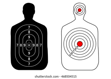 Human gun target on white background. Silhouette of a man. Target shooting, vector, set.