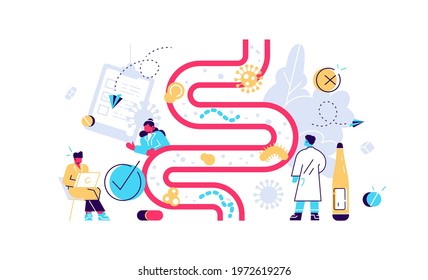 Human gut flora. Digestive stomach organisms for healthy life. Immunity and indigestion health. Vector intestinal microbiota, bifidobacterium colony and microflora bacteria flat illustration