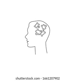 Human had flat line icon with puzzle inside. Vector illustration