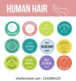 Human hair quality label design set, wig sticker. Easy to wear, no tangle, no shedding sign for emblem collection, vector illustration. Isolated on white beauty product package element