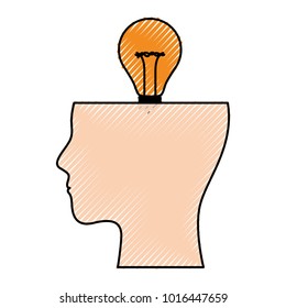 human half face silhouette with light bulb on top in colored crayon silhouette