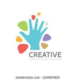 Human hand and abstract shapes - vector business logo template creative illustration. Development, solution, planning, technology, multimedia, ispiration, optimization concept sign. Graphic design. 