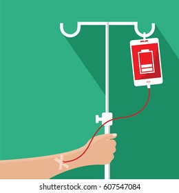 human hand addicted flat design style holding infusion pole illustration with a cell phone or mobile low & empty isolated like bag vector with red blood & two white levels energy and charging battery