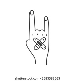 Human Hand with Adhesive Bandages Line illustration. Doodle gesture with Horns pose and Medical Plaster. Vector Healthcare Injury Wound recovery and protection design