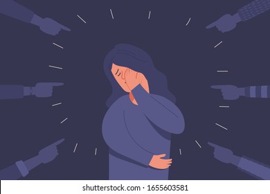 human hand aiming to sad young girl in depression, sorrow woman, mental health concept, cartoon female character flat vector illustration