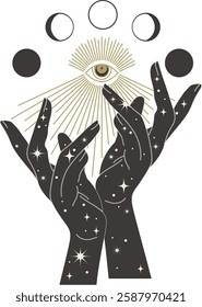 Human hand with all seeing eye sticker. Vector black tribal witchcraft art. Halloween simple art