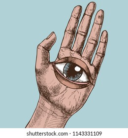 Human hand and all-seeing eye. Hand-drawn vector surreal illustration for your magic design.
