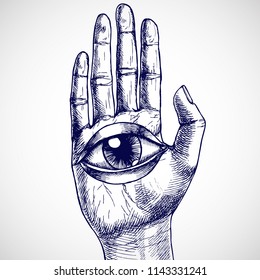 Human hand and all-seeing eye. Hand-drawn vector surreal illustration for your magic design.
