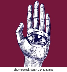 Human hand and all-seeing eye. Hand-drawn vector surreal illustration for your magic design.
