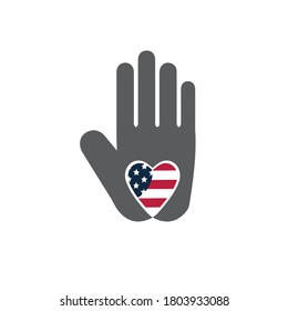 
Human hand, American flag forming a heart
